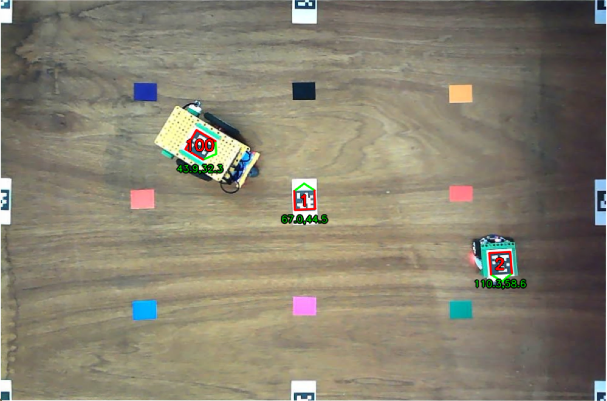 Top-down robotics field view with AprilTag detections on two robots